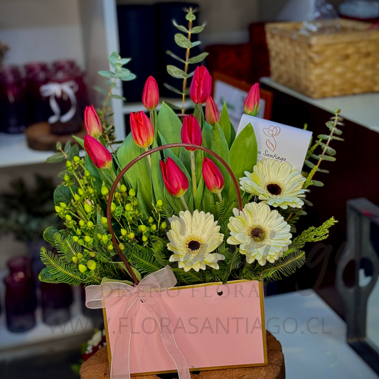 Cartera de flores con 10 Tulipanes y 3 gerberas