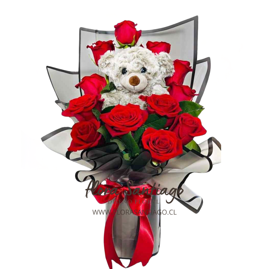 Ramo de 10 rosas y oso de peluche