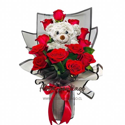 Ramo de 10 rosas y oso de peluche