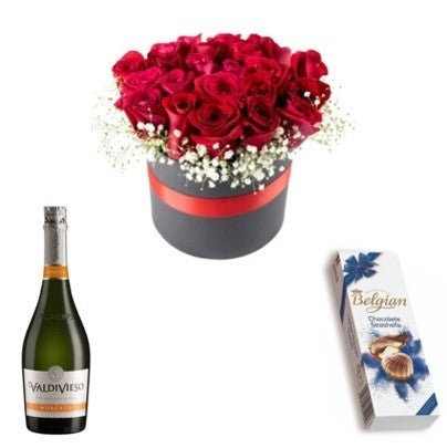 BOX DE 12 ROSAS MAS ESPUMANTE Y BOMBONES BELGIAN