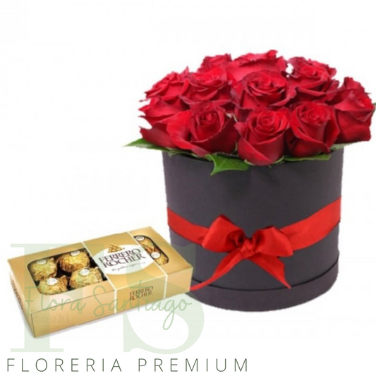 Box con 12 rosas rojas importadas y chocolate ferrero Rocher