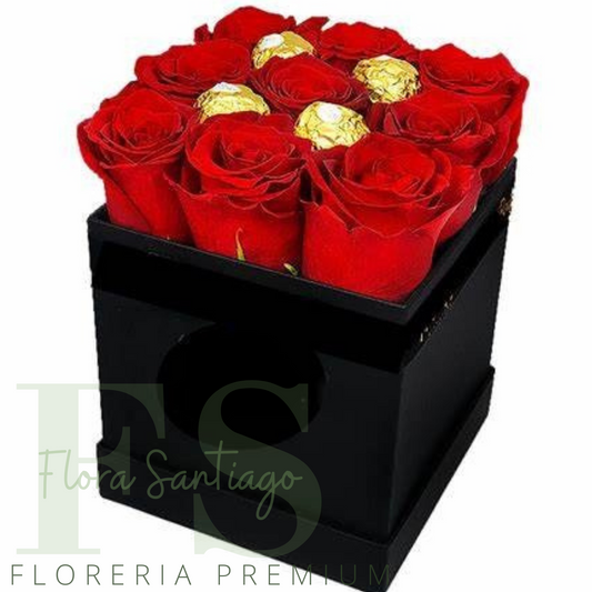 Caja con 9 rosas rojas y 4 bombones ferreros Rocher