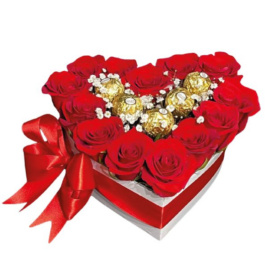 BOX CORAZON DE 12 ROSAS Y 5 CHOCOLATES FERREROS