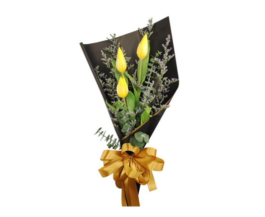 RAMO DE 3 TULIPANES AMARILLOS CON LIMONIUM