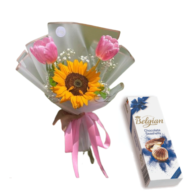 RAMO DE 2 TULIPANES Y 1 GIRASOL MAS BOMBONES BELGIAN