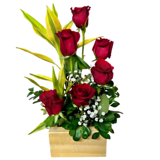 ARREGLO DE 6 ROSAS EN BASE DE MADERA