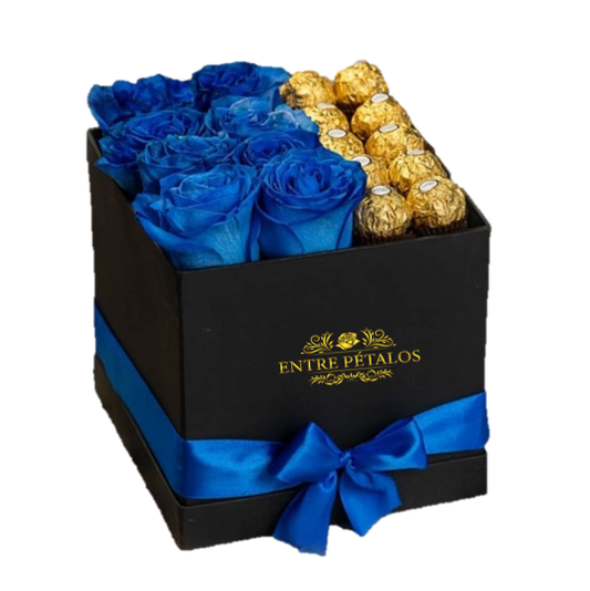 BOX BLUE DE 8 ROSAS Y 8 FERREROS