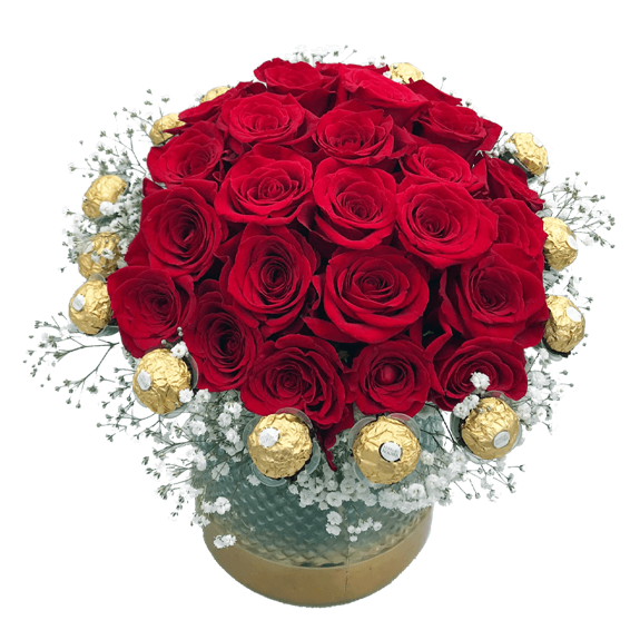 LUJOSO BOX DE 20 ROSAS Y 14 FERREROS