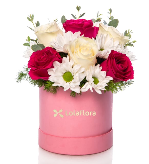 Box con rosas fucsia y rosas blancas