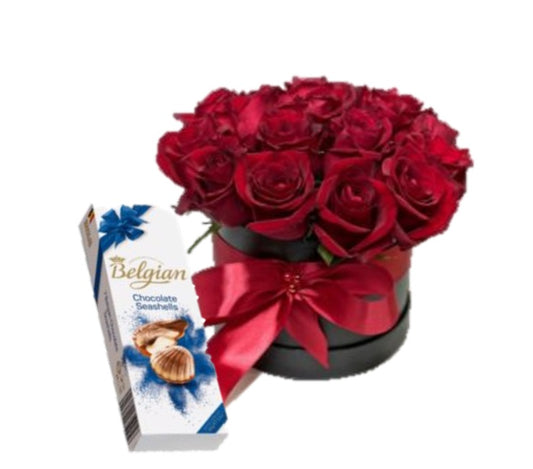 BOX DE 12 ROSAS CON BOMBONES BELGIAN