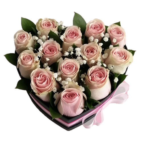 BOX CORAZON DE 12 ROSAS ROSADAS
