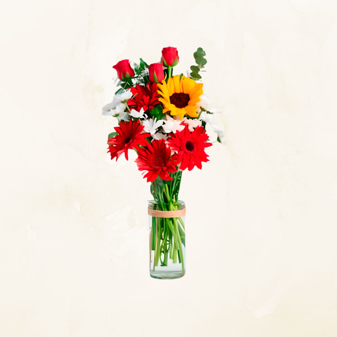 Florero de 1 Girasol 4 Gerberas y Margaritas