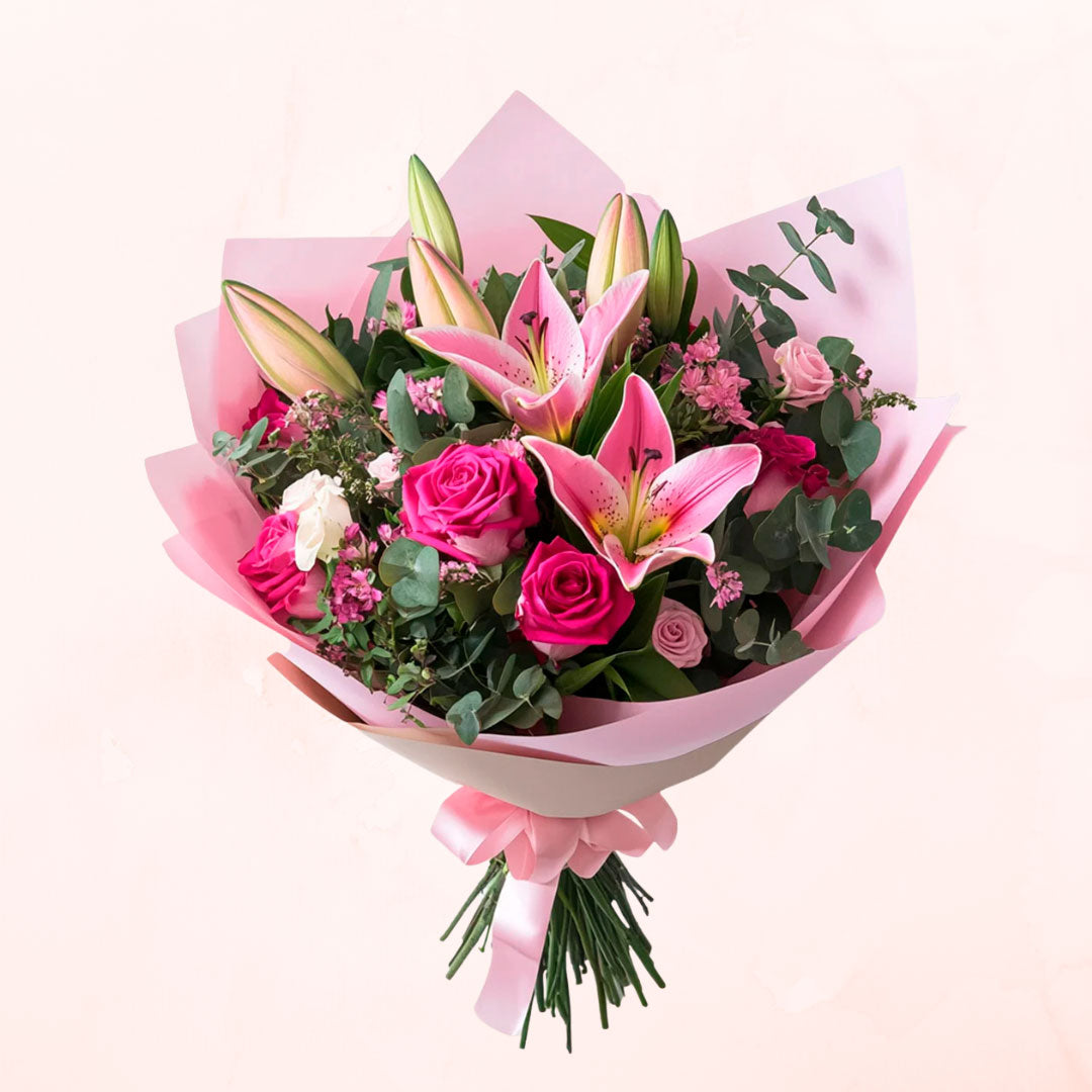 Ramo de 6 Rosas Rosadas y Lilium