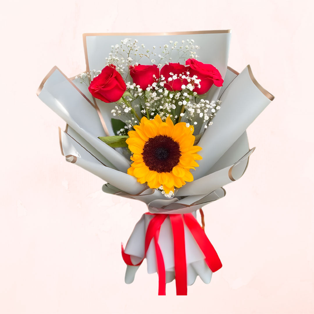 Ramo de girasol y 4 Rosas Rojas