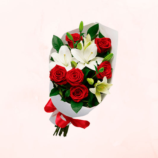 Ramo de 6 Rosas Rojas y Lilium