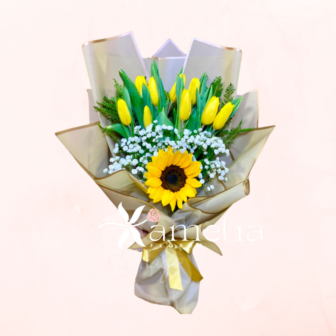 Ramo de 10 Tulipanes Amarillos y 1 Girasol